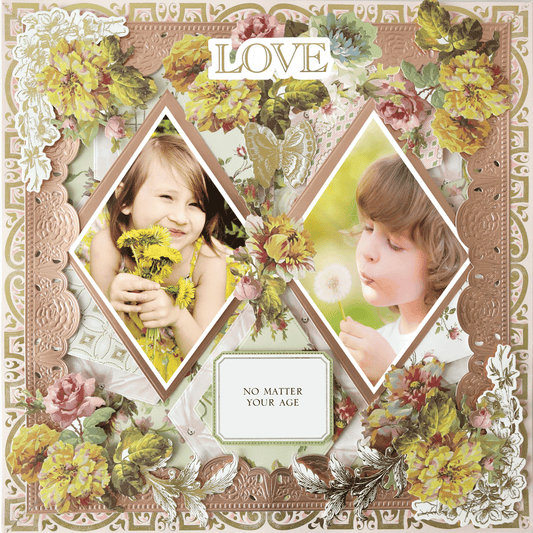 The 12x12 Scrapbook Page Francesca Double Diamond Right features diamond-shaped photos of children with dandelions, ornate floral frames, and the phrases "LOVE" and "NO MATTER YOUR AGE," perfect for digital memory keeping.
