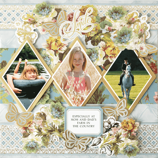 The 12x12 Scrapbook Page Francesca Blue Diamonds Right features three diamond-shaped photo slots with floral and butterfly accents—ideal for archiving swimming, outdoor, and horseback images in photo-realistic paper crafts.
