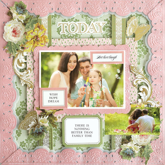 The 12x12 Scrapbook Page Francesca Pink Border Frame Left features photo realistic paper crafting, floral borders, and family photos with captions "WISH HOPE DREAM" and "THERE IS NOTHING BETTER THAN FAMILY TIME." Ideal for archival use.