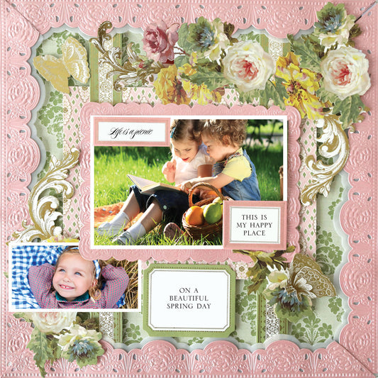 The 12x12 Scrapbook Page Francesca Pink Border Frame Right features floral designs on quality cardstock, with photos of children reading outdoors and smiling, plus captions: "Life is a journey," "This is my happy place," and "On a beautiful spring day.