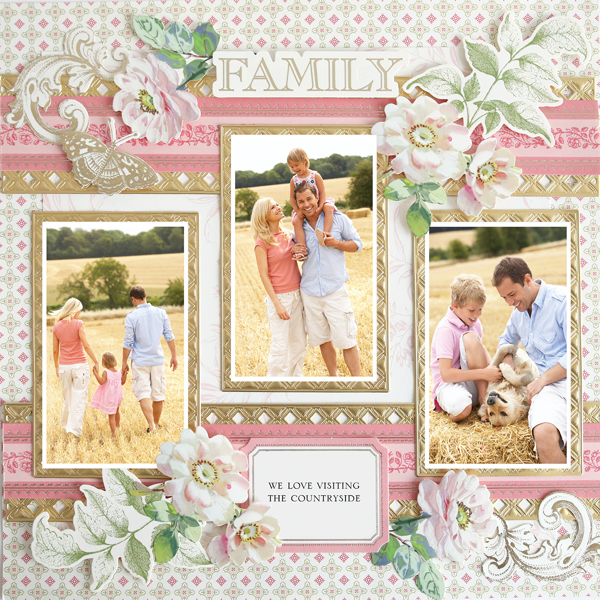 A photorealistic 12x12 scrapbook page, "Antique Botanical Pink Medallion Left," features a family of four with their dog outdoors, decorative floral borders, and "FAMILY" frame—captioned "WE LOVE VISITING THE COUNTRYSIDE." Ideal for archival use.
