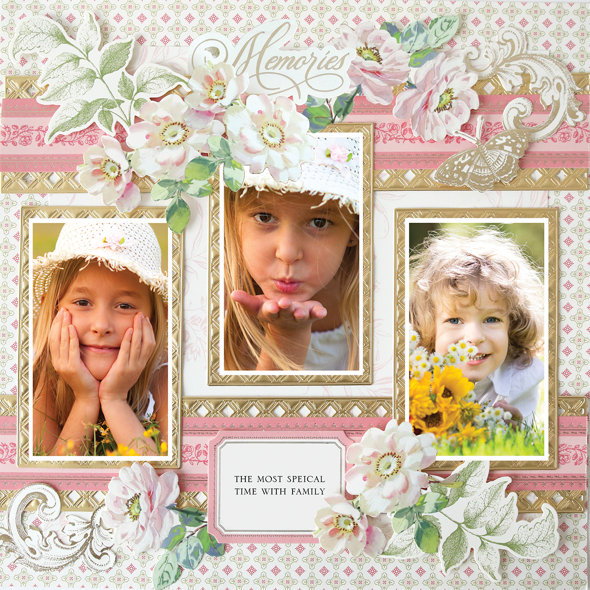 The 12x12 Scrapbook Page Antique Botanical Pink Medallion Right features three framed photos of young children, floral accents, and the words "Memories" and "The most special time with family," ideal for archiving cherished moments.