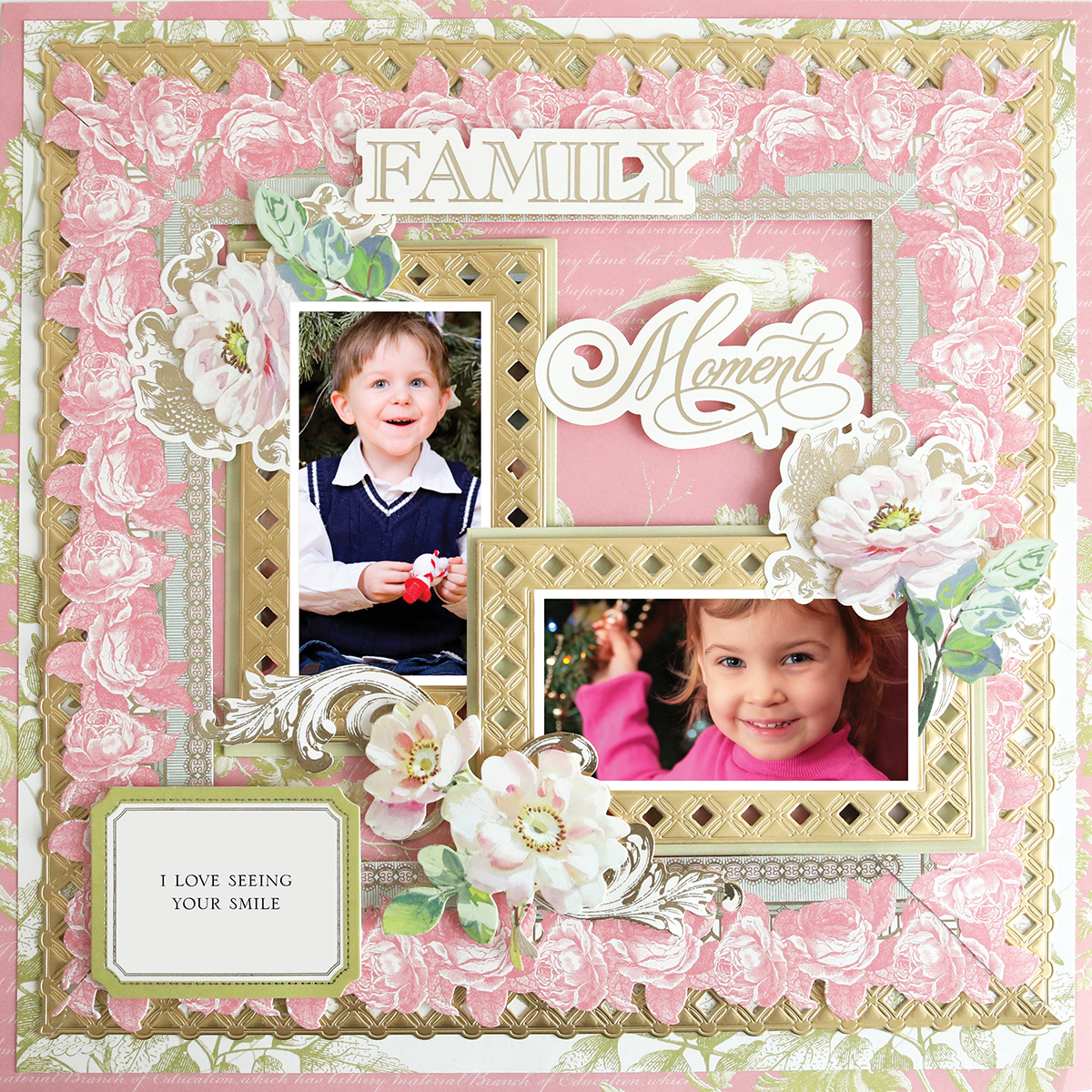 The "12x12 Scrapbook Page Antique Botanical Pink Rose Border Left" features floral designs, space for two smiling children's photos, archival quality, and text: "Family," "Moment," and "I love seeing your smile.