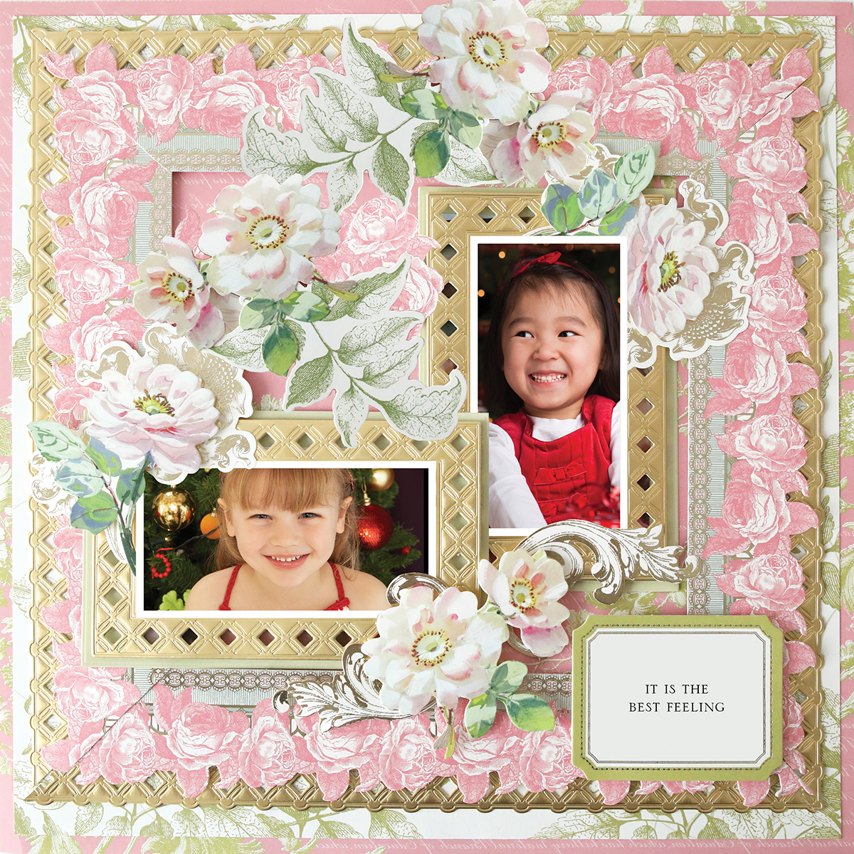 A photorealistic 12x12 scrapbook page, "Antique Botanical Pink Rose Border Right," featuring two smiling children, pink and white florals, gold accents, and a "IT IS THE BEST FEELING" caption.