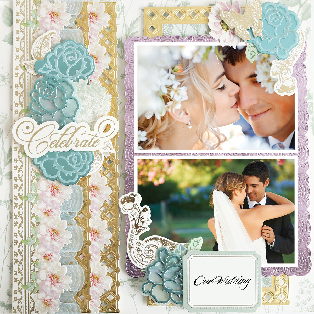 Capture your special day with the 12x12 Scrapbook Page Antique Botanical Purple Frames Left, featuring photo-realistic floral accents, two wedding photo slots, and the words "Celebrate" and "Our Wedding." Ideal for archival keepsakes.