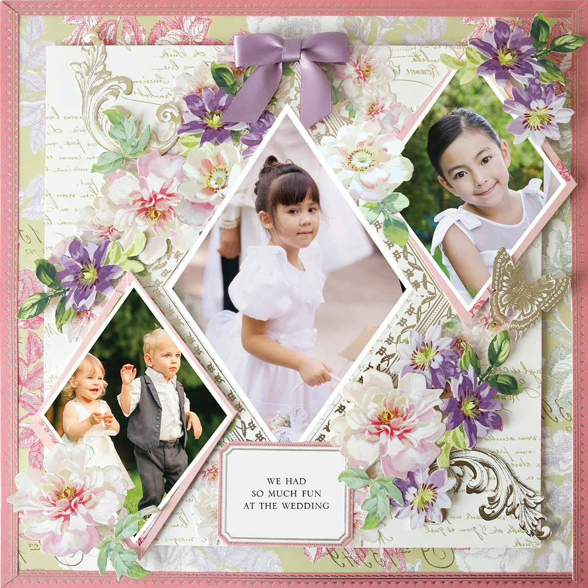 The “12x12 Scrapbook Page Antique Botanical Triple Diamond Frames Right” displays three children at a wedding—two girls in white dresses and a boy in a suit—amid floral accents, with the caption, “We had so much fun at the wedding.”.