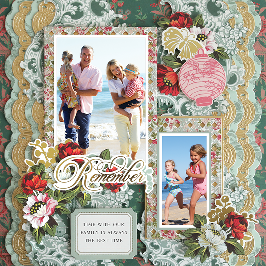 The "12x12 Scrapbook Page Lian Tonal Green Left" features a digital beach family scene with two adults, two children, floral designs, photorealistic paper craft elements, and the words "Remember" and "Time with our family is always the best time.