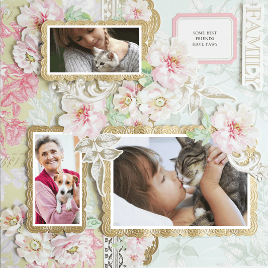The 12x12 Scrapbook Page Antique Botanical Triple Frame Right features a photorealistic collage with floral borders, showing a woman with a cat, a girl with a cat, and an older woman with a dog. Text: "Some best friends have paws" and "Family.