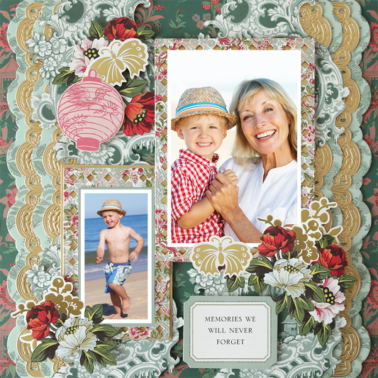 The 12x12 Scrapbook Page Lian Tonal Green Right features a boy with a hat on the beach and an older woman, surrounded by floral accents and a plaque reading "Memories we will never forget," ideal for archival use and realistic paper crafting.