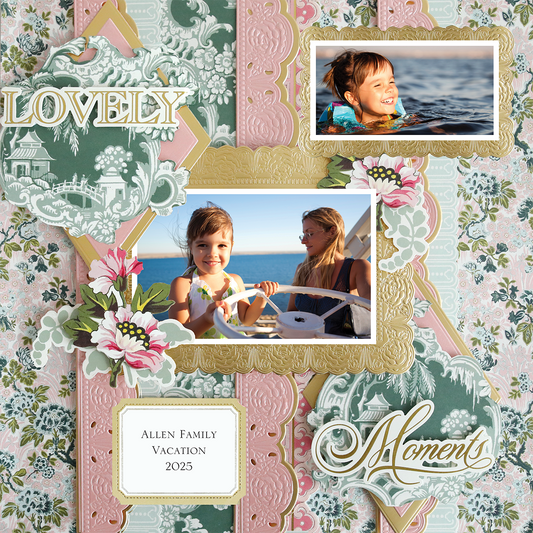 The 12x12 Scrapbook Page Lian Pink Triple Border Left features photorealistic floral patterns, space for two photos of a girl swimming and smiling with a woman on a boat, and text: “Lovely,” “Moment,” and “Allen Family Vacation 2025.”.