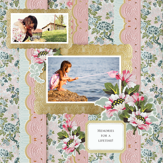 The 12x12 Scrapbook Page Lian Pink Triple Border Right showcases two photos of a girl outdoors, decorated with gold and floral accents on premium cardstock, plus the phrase “Memories for a lifetime!”.