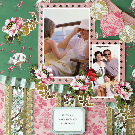 The 12x12 Scrapbook Page Lian Green Bottom Stripe Right displays two family vacation photos with floral and patterned accents, plus a caption: "It was a vacation of a lifetime.