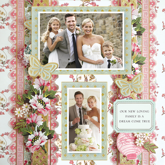 The 12x12 Scrapbook Page Lian Flower & Fan Borders Left features two wedding photos—one of the bride, groom, and two children outdoors; another with the couple and cake—adorned with floral designs and a sign: "Our new loving family is a dream come true.