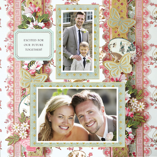 The 12x12 Scrapbook Page Lian Flower & Fan Borders Right features two photo spots, floral patterns, butterflies, and an “EXCITED FOR OUR FUTURE TOGETHER!” sign—perfect for archiving special moments of family and couples.