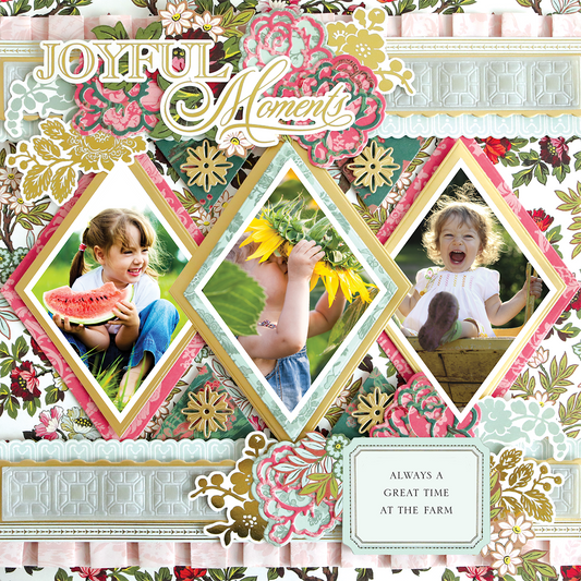 The 12x12 Scrapbook Page Lian Triple Diamond Frames Left showcases three diamond-shaped, photo-realistic images of a girl eating watermelon, smelling sunflowers, and laughing outdoors with the phrases "Joyful Moment" and "Always a great time at the farm.