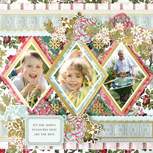 The "12x12 Scrapbook Page Lian Triple Diamond Frames Right" features three diamond-framed outdoor photos, floral accents, and the phrase “It’s the simple pleasures that are the best.” Ideal for archival digital scrapbooking.