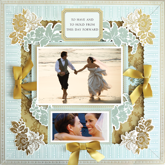 The 12x12 Scrapbook Page Lian Blue Scallop Frame Left displays two beach couple photos and the phrase "To have and to hold from this day forward," making it perfect for a digital wedding scrapbook.