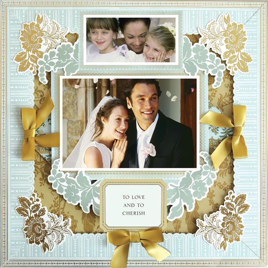 The 12x12 Scrapbook Page Lian Blue Scallop Frame Right showcases a mother with two children and a bride with groom, accented by gold floral designs and bows, plus the caption “To Love and to Cherish.”.