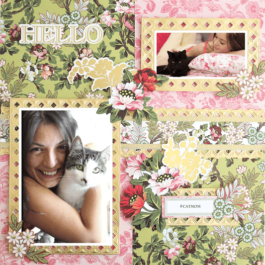 The 12x12 Scrapbook Page Lian Pink and Green Left features floral archival cardstock, two cat-themed photos, and "HELLO" plus "#CATMOM" accents—ideal inspiration for your next digital scrapbook creation.
