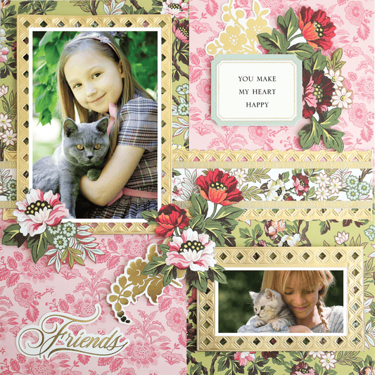 The 12x12 Scrapbook Page Lian Pink and Green Right showcases floral patterns, photo-realistic images of a girl with her gray cat, a "Friends" label, and framed “You make my heart happy” text—ideal for archival memories.