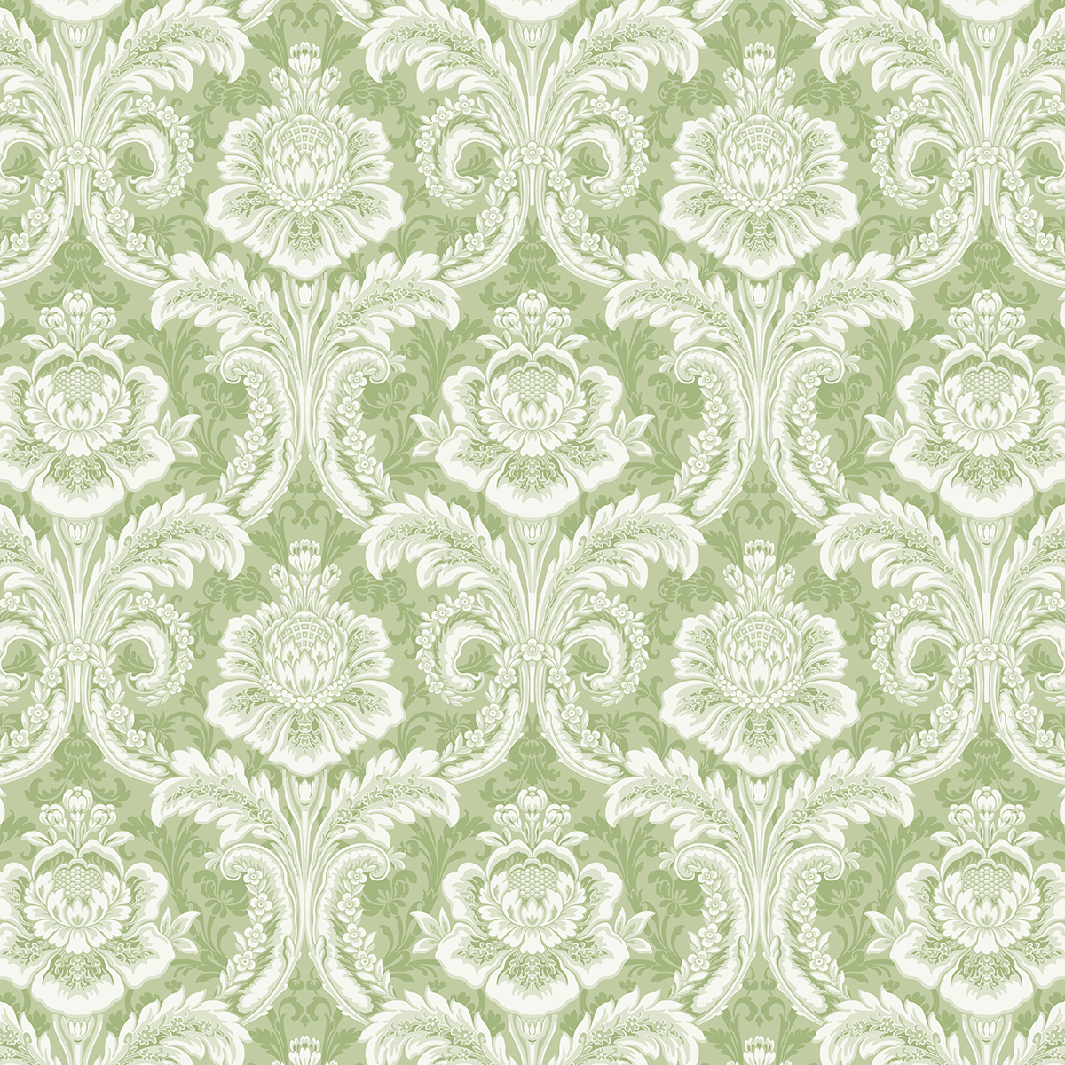 The 12x12 Phoebe Green Filigree Cardstock (5 sheets) features intricate white floral damask designs on light green, with symmetrical flowers and leaves, printed double-sided for versatile, archival-quality crafting.