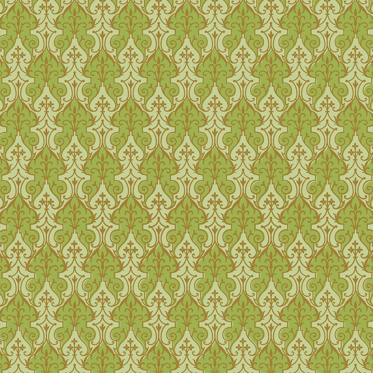 The 12x12 Phoebe Green Filigree Cardstock (5 sheets) features an ornate green and gold damask pattern with floral and vine motifs on double-sided paper, perfect for archival use.
