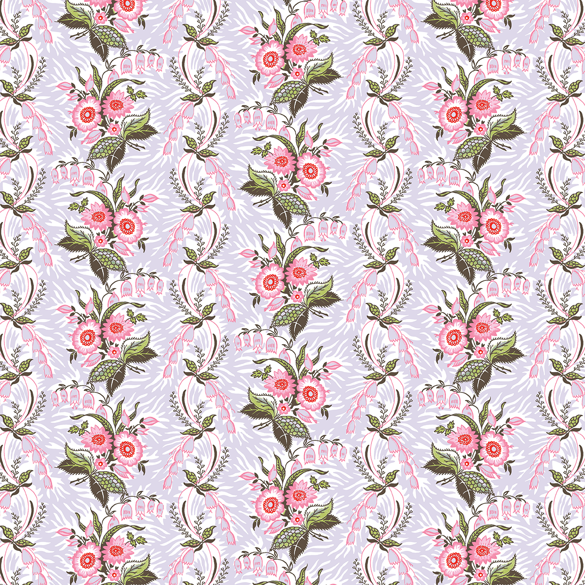 12x12 Phoebe Stripe Lavender Cardstock (5 sheets) features a repeating floral pattern with pink and red flowers, green leaves, and decorative stems on light lavender acid and lignin free double-sided sheets.