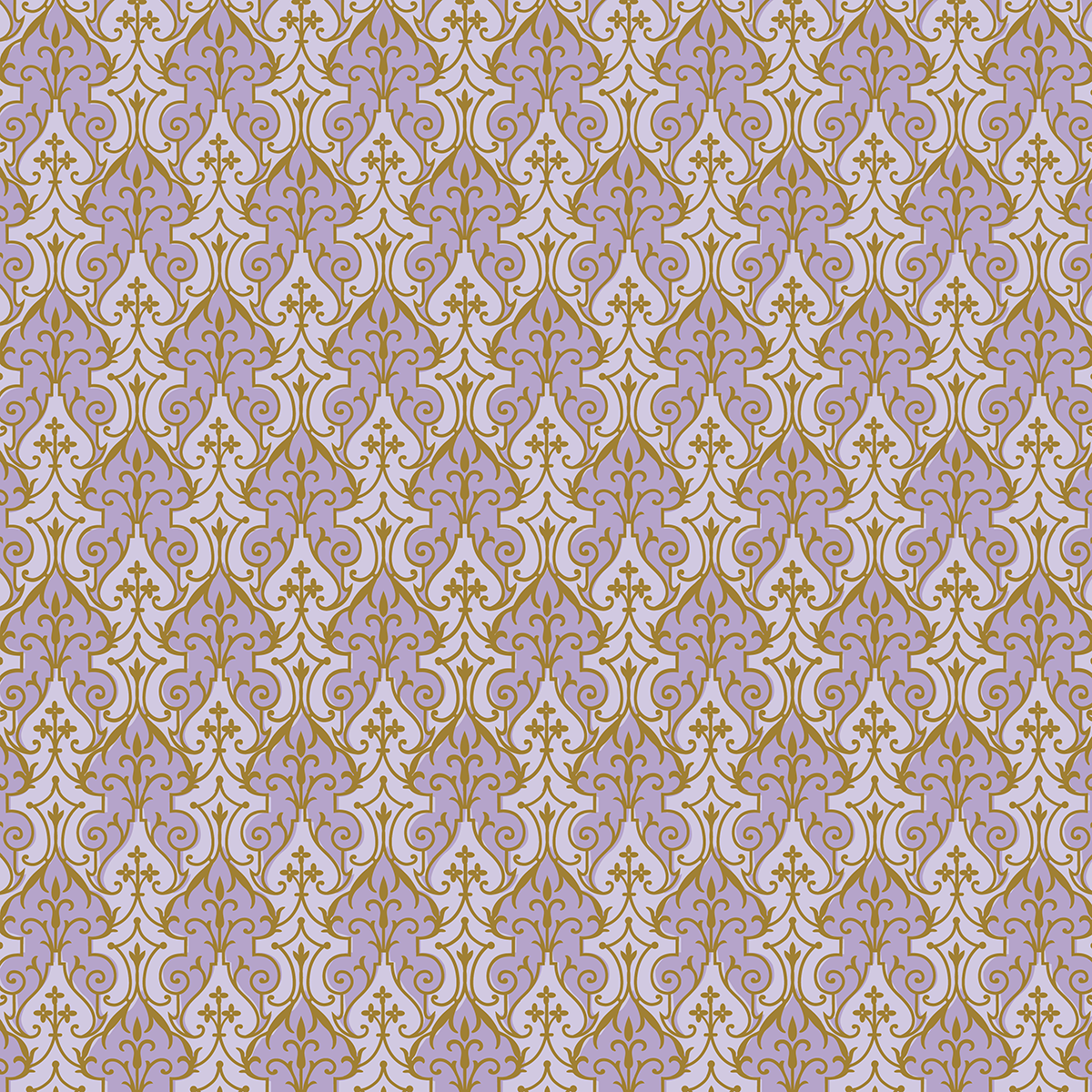 The 12x12 Phoebe Lavender Filigree Cardstock 5 sheets features ornate gold and lavender damask designs on light purple, ideal for archival use or elegant double-sided projects in the Phoebe collection.