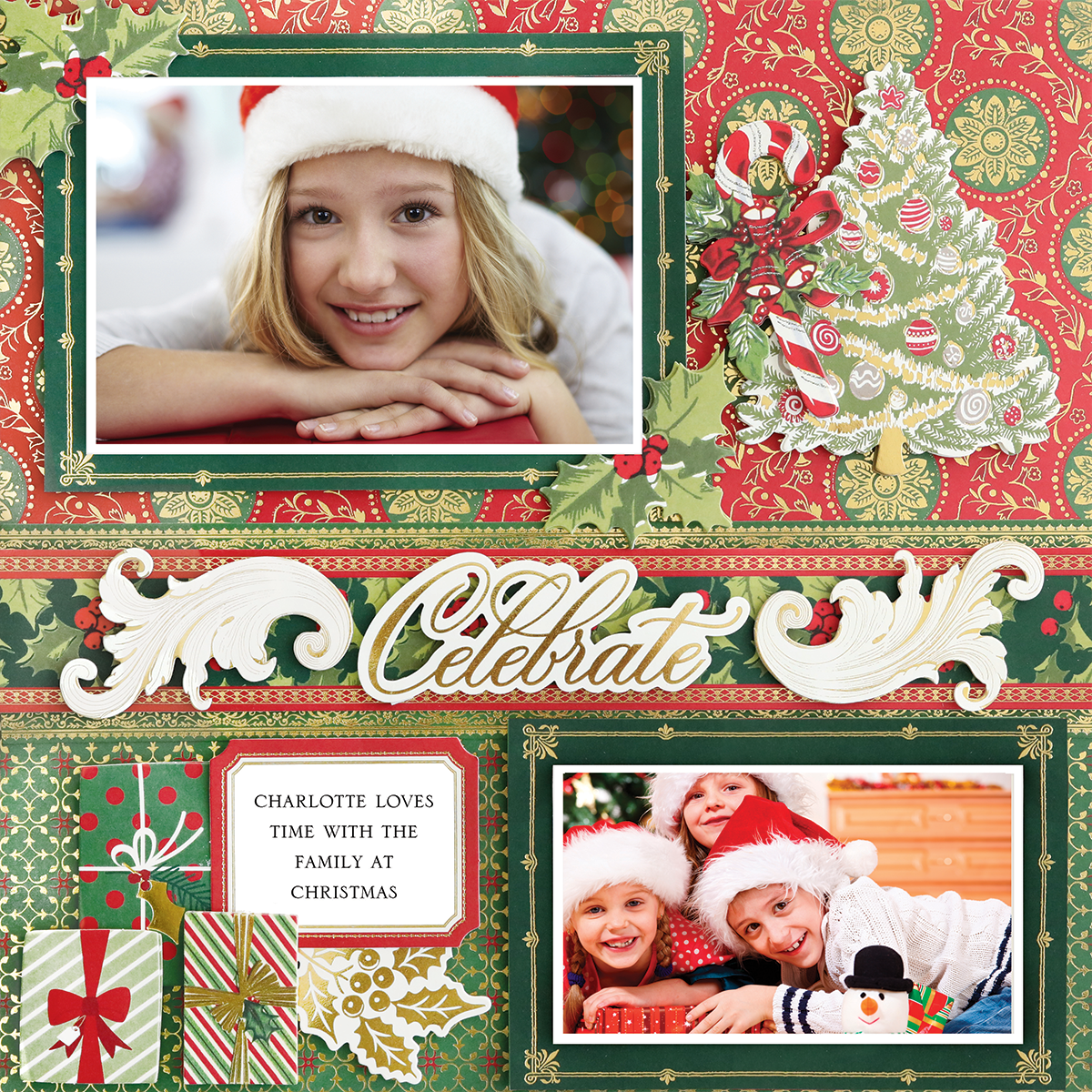 The 12x12 Scrapbook Page Christmas Gilded Medallion Right features festive patterns, photo-realistic paper crafting, and cheerful photos—perfect for capturing memories like "Charlotte loves time with the family at Christmas.
