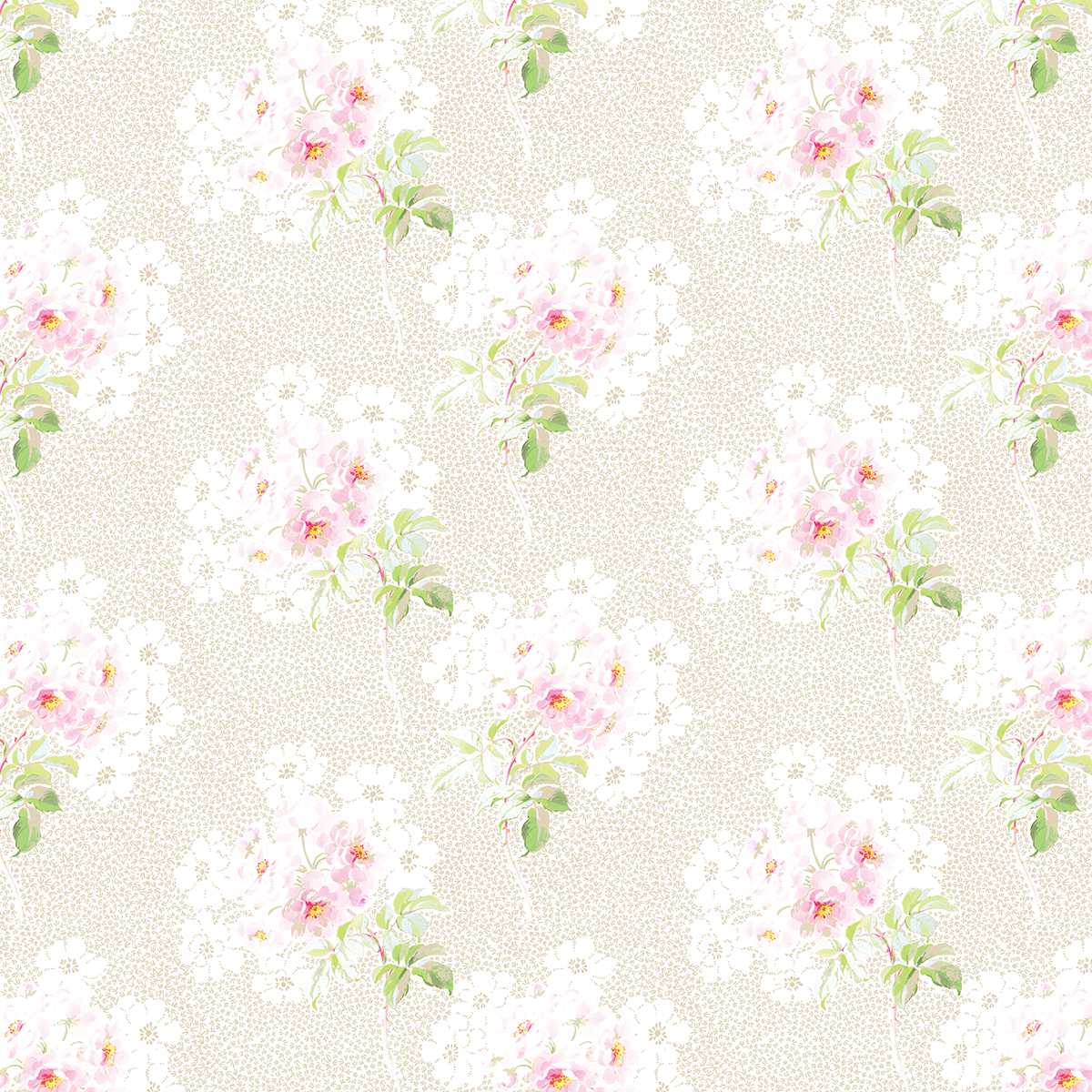 The 12x12 Virginia Posy Toss Ivory Cardstock (5 sheets) features clusters of light pink flowers and green leaves on a beige, dotted background—a perfect choice for double-sided cardstock or archival projects.