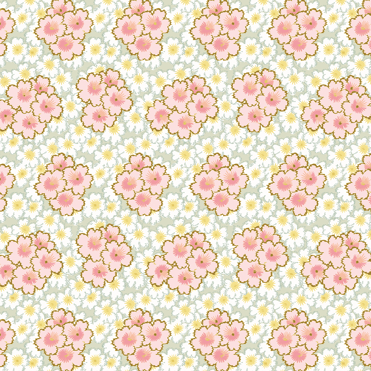 12x12 Virginia Flower Clusters Green Cardstock (5 sheets) features repeating clusters of pink flowers with yellow centers, plus small white and yellow flowers on a light background—ideal for double-sided or archival crafting.