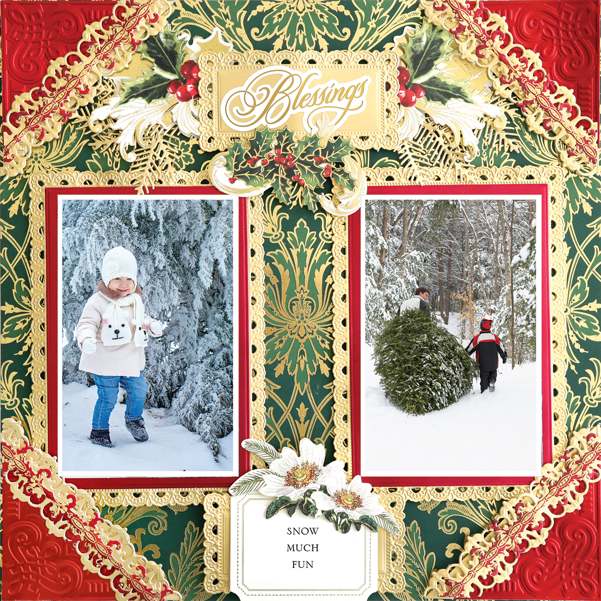 Capture winter memories on the 12x12 Scrapbook Page Christmas Green Gold Damask Diamond Right. This festive layout highlights two snowy photos and features accents with "Blessings" and "Snow Much Fun" text for stylish, photo-realistic crafting.