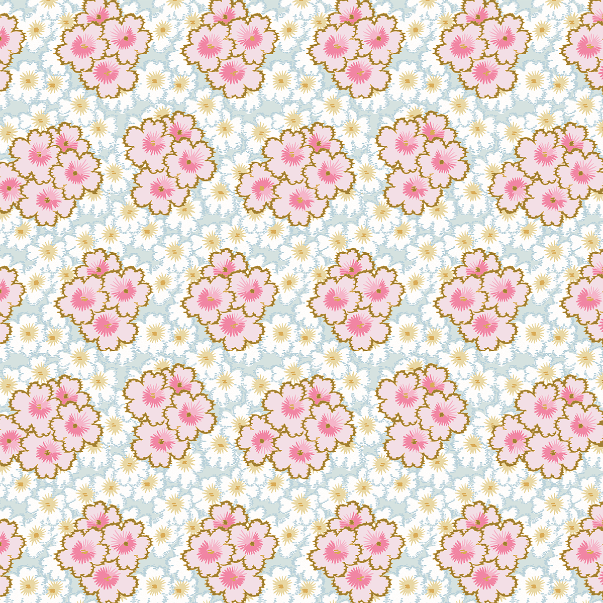 12x12 Virginia Flower Clusters Blue Cardstock (5 sheets) features seamless pink flower clusters with yellow centers, accented by small white flowers on a light blue background—ideal for archival use or crafting projects.