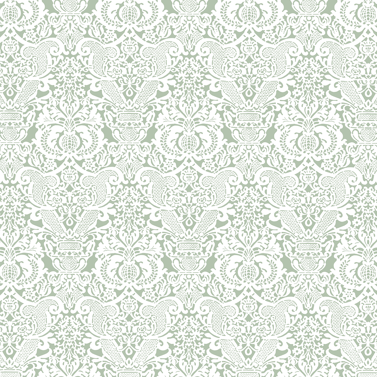 The 12x12 Virginia Flower Vine Green Text Paper (5 sheets) features a seamless, symmetrical damask pattern with floral and leafy motifs in soft green and white—perfect for archival use or double-sided text.