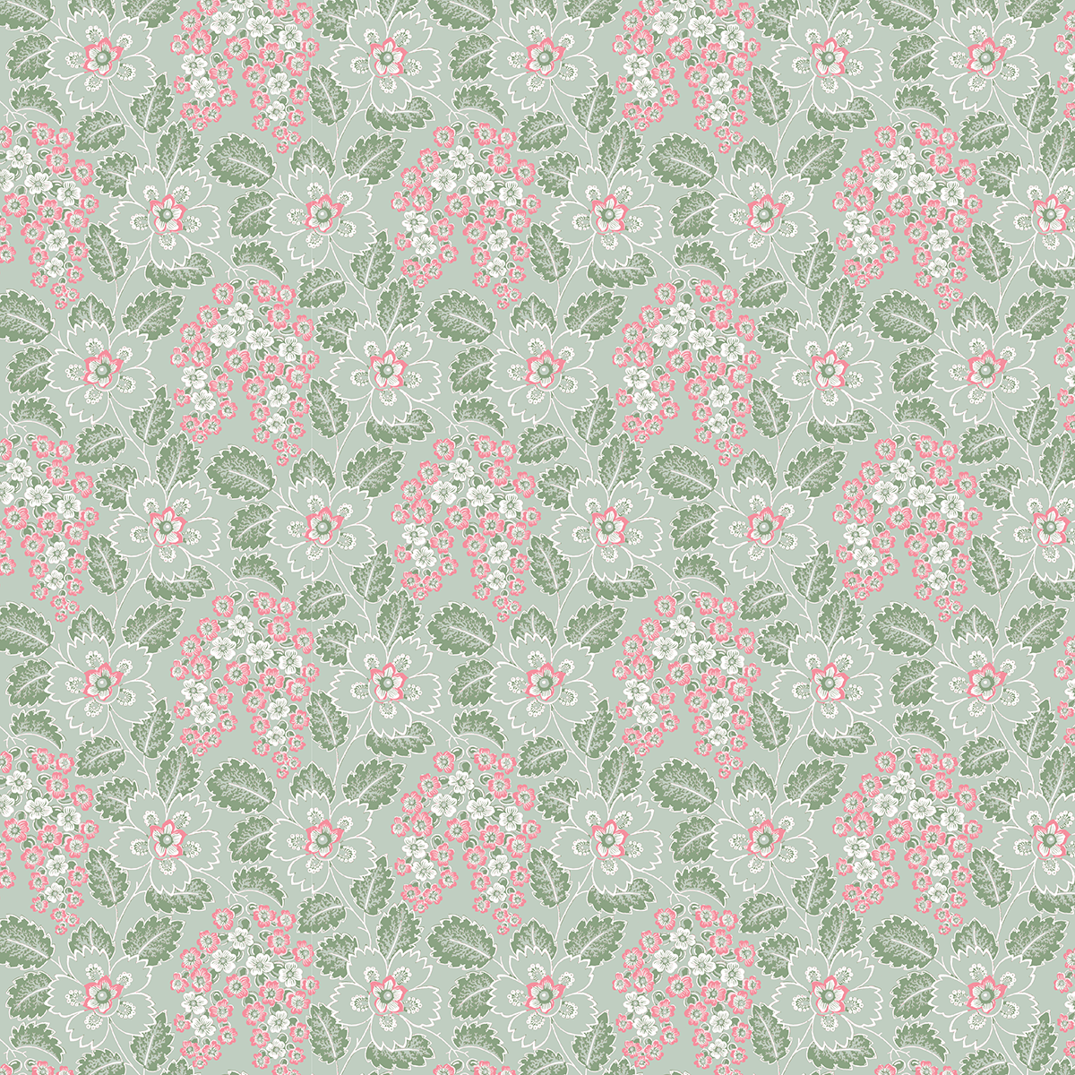 The 12x12 Virginia Flower Vine Green Cardstock (5 sheets) features a repeating pink floral and green leaf pattern on light gray, ideal for double-sided cardstock or archival projects.