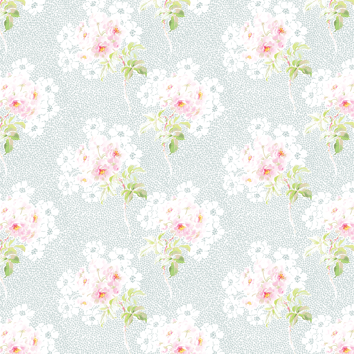 The 12x12 Virginia Main Floral Blue Text Paper (5 sheets) features soft blue and white watercolor flowers with green leaves on a light gray dotted background, perfect for archival projects or double-sided text use. Inspired by the Virginia collection.