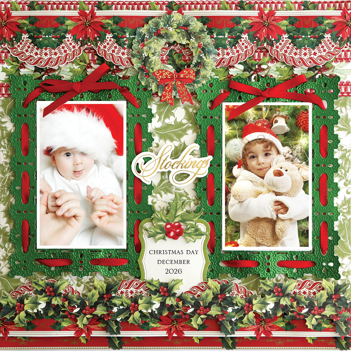 The 12x12 Scrapbook Page Christmas Holly with Red Garland Left features two photos of kids in Christmas outfits, festive holly, joyful décor, and "Stockings" & "Christmas Day December 2026," on archival quality cardstock.