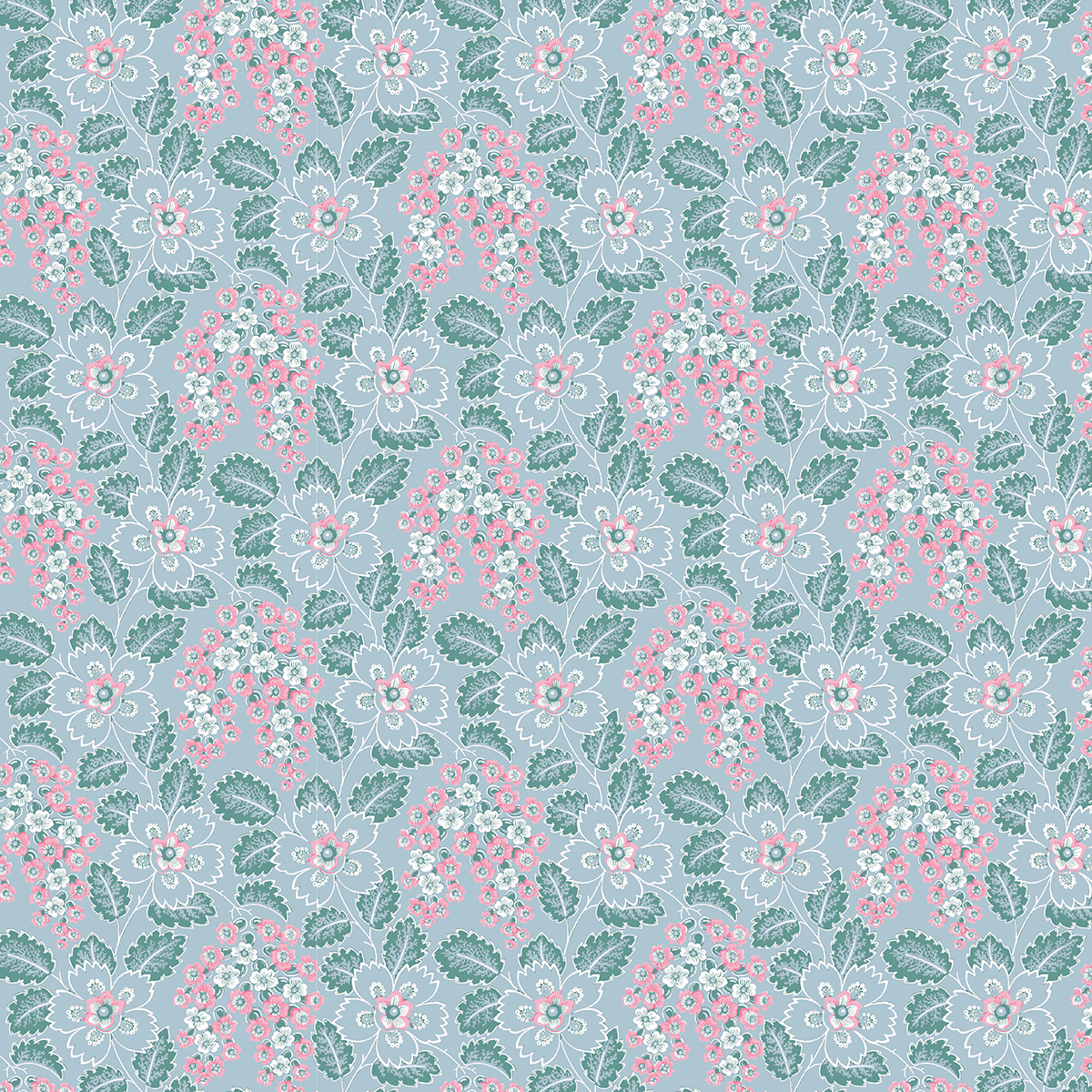 The 12x12 Virginia Flower Vine Blue Text Paper (5 sheets) features a repeating floral pattern of pink and white flowers with green leaves on a light blue background, perfect for double-sided text and archival use.