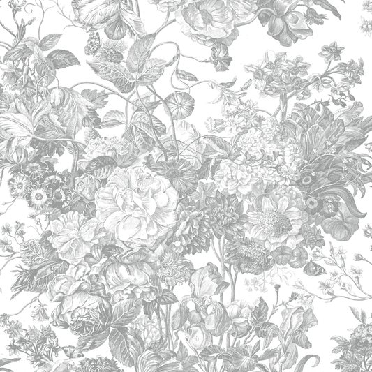 Black and white illustration of detailed flowers and leaves, vintage botanical style, featured on 12x12 Faded Rose Floral Gray Cardstock (5 sheets), ideal for archival projects or as part of the Faded Rose collection.