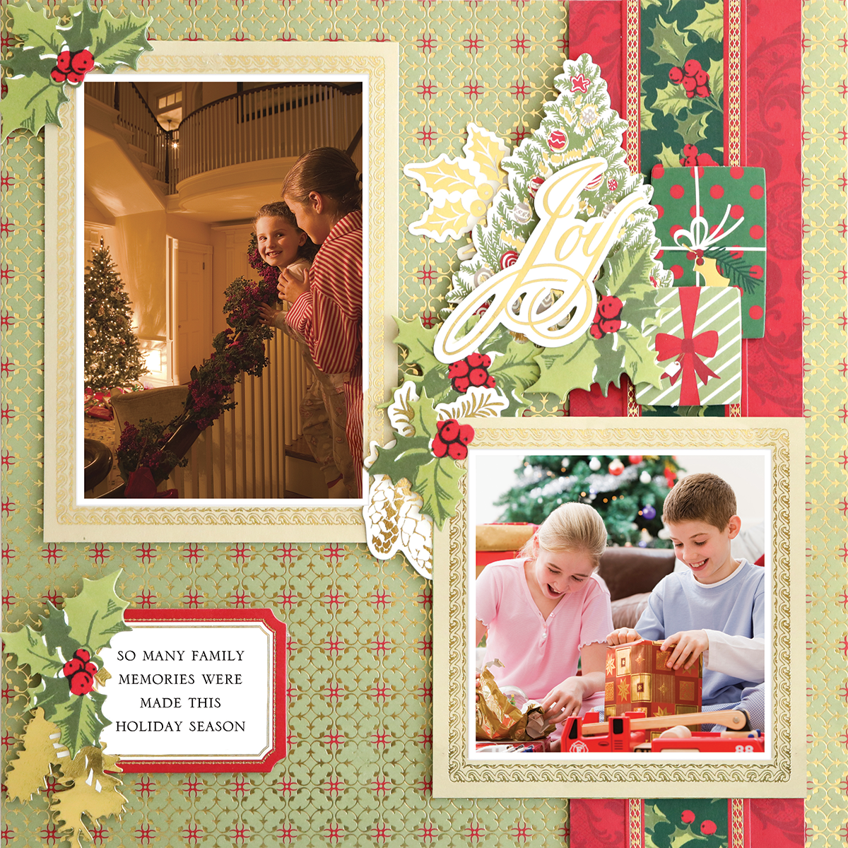 The 12x12 Scrapbook Page Christmas Light Green Quatrefoil Left displays kids enjoying Christmas decor and opening gifts, with "Joy" and warm family memories on a festive, vibrant background.