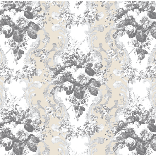 The 12x12 Faded Rose Floral Stripe Text Paper features detailed gray flowers, leaves, and scrollwork on beige in a vintage design—perfect for double-sided text or archival projects. Set includes 5 sheets.