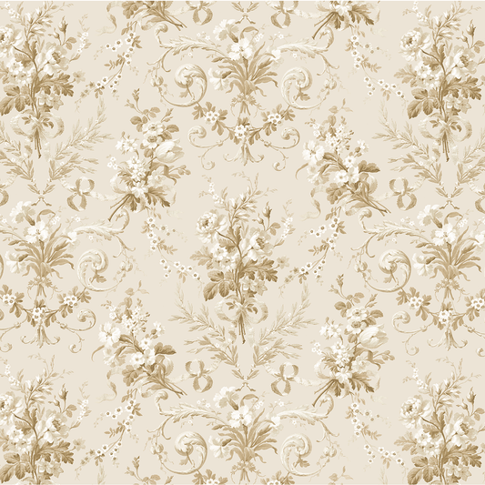 The 12x12 Faded Rose Floral Filigree Text Paper (5 sheets) features a beige floral pattern with ornate bouquets, leaves, and swirls in a symmetrical design—perfect for archival use or double-sided text paper projects.