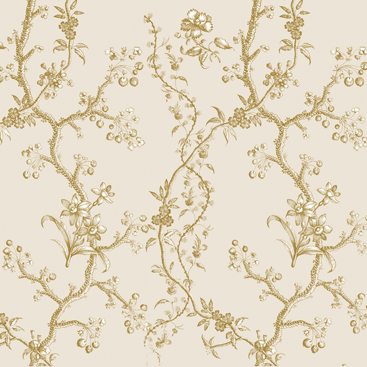 12x12 Faded Rose Vines Ivory Text Paper (5 sheets) features an intricate gold floral and vine pattern with leaves, flowers, and berries. Perfect for archival use or pairing with double-sided text paper projects.