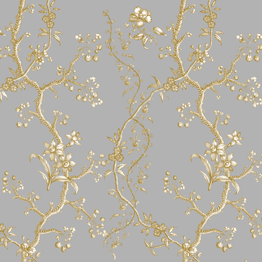 12x12 Faded Rose Vines Gray Text Paper (5 sheets) features a gold floral and vine pattern with intricate branches, flowers, and leaves on gray—perfect for archival use and double-sided text paper projects.