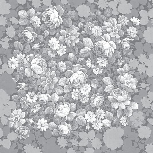The 12x12 Faded Rose Flower Cluster Text Paper (5 sheets) features a grayscale floral pattern with densely arranged flowers and leaves, perfect for double-sided text paper or archival use.