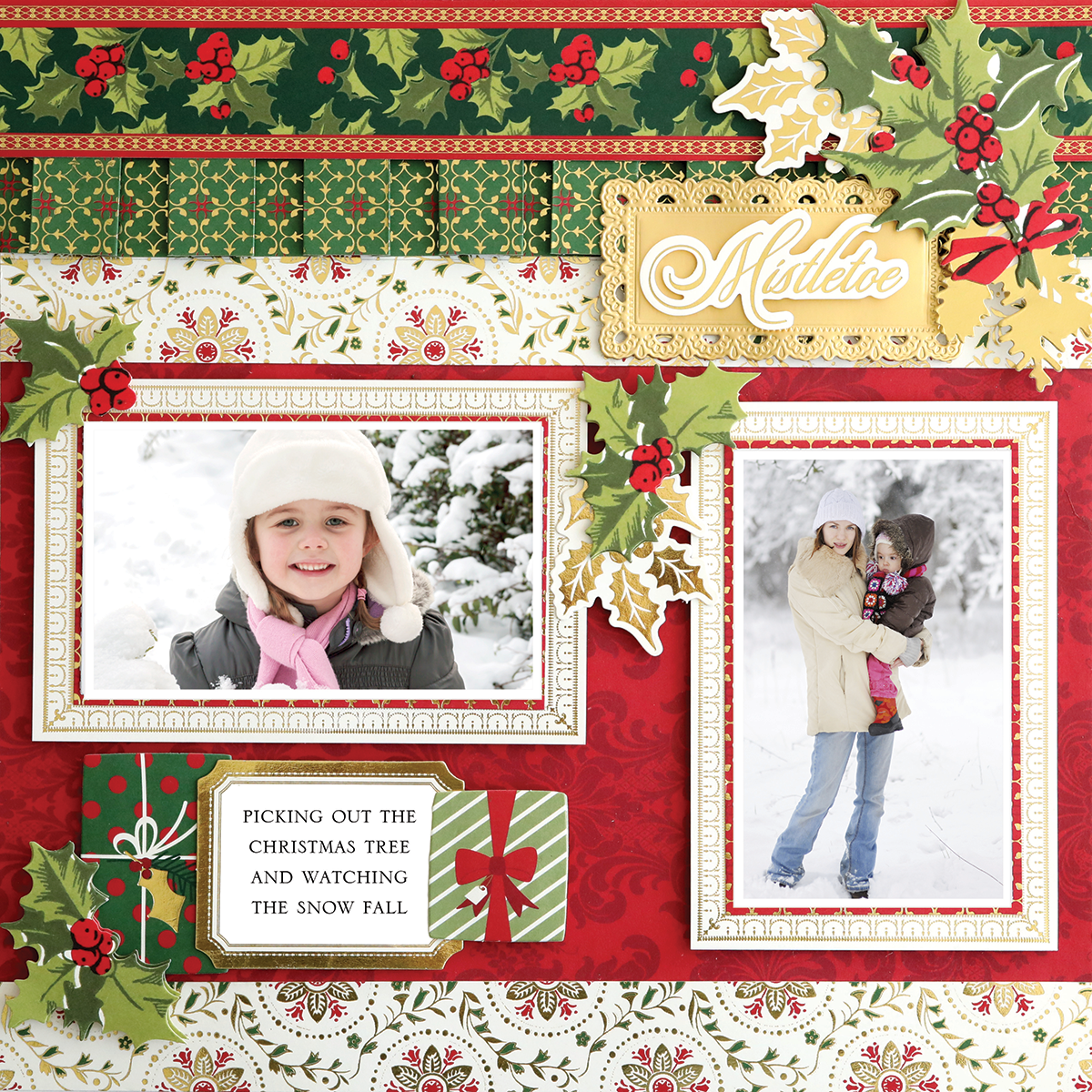 The 12x12 Scrapbook Page Christmas Presents Left showcases photos of a happy child in winterwear and a woman with a child outside, decorated with holly, gifts, and a “Mistletoe” sign. Caption: “PICKING OUT THE CHRISTMAS TREE AND WATCHING THE SNOW FALL.”.