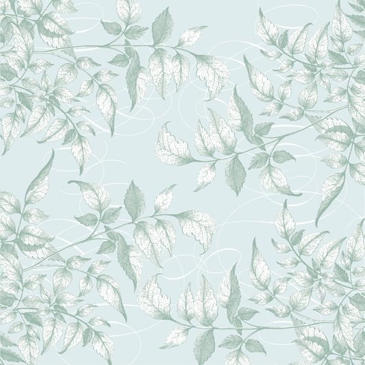 The 12x12 Antique Botanical Leaves Blue Cardstock (5 sheets) features a seamless pattern of mint green and white leaves with delicate line swirls on pale blue, perfect for archival projects.