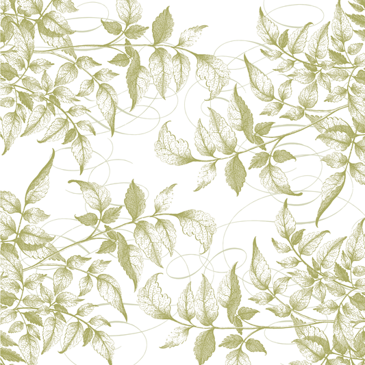 12x12 Antique Botanical Leaves Green Cardstock features a seamless pattern of green leaves and vines on white, with intricate symmetrical detailing—perfect for double-sided or archival projects. Pack includes 5 sheets.