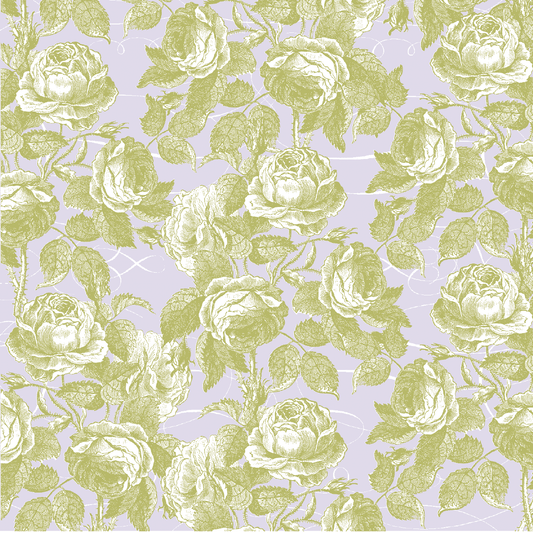 12x12 Antique Botanical Roses Lavender Cardstock (5 sheets) features a seamless pattern of pale green roses and leaves on a light lavender background—ideal for archival use or double-sided cardstock projects.