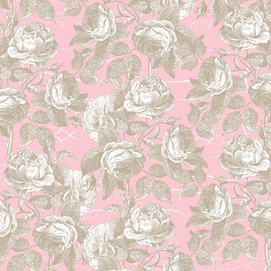 12x12 Antique Botanical Roses Pink Text Paper—set of 5 sheets featuring a beige vintage-style rose and leaf pattern on a pink background with faint swirling lines, printed double-sided for archival use.